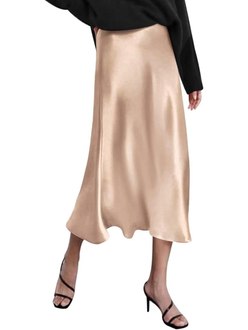 Women Khaki High Waisted Solid Satin Dress Zipper Silky Slip A-Line Midi Skirt